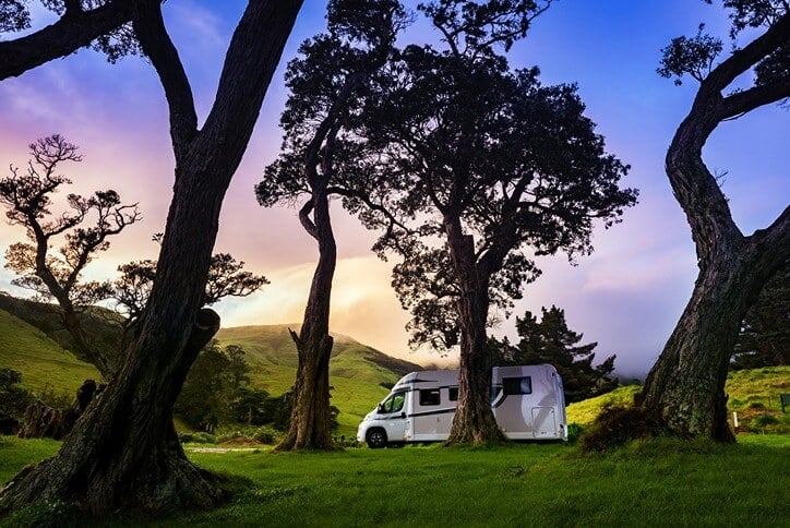 Wilderness motorhome parked at Fletchers Bay campsite